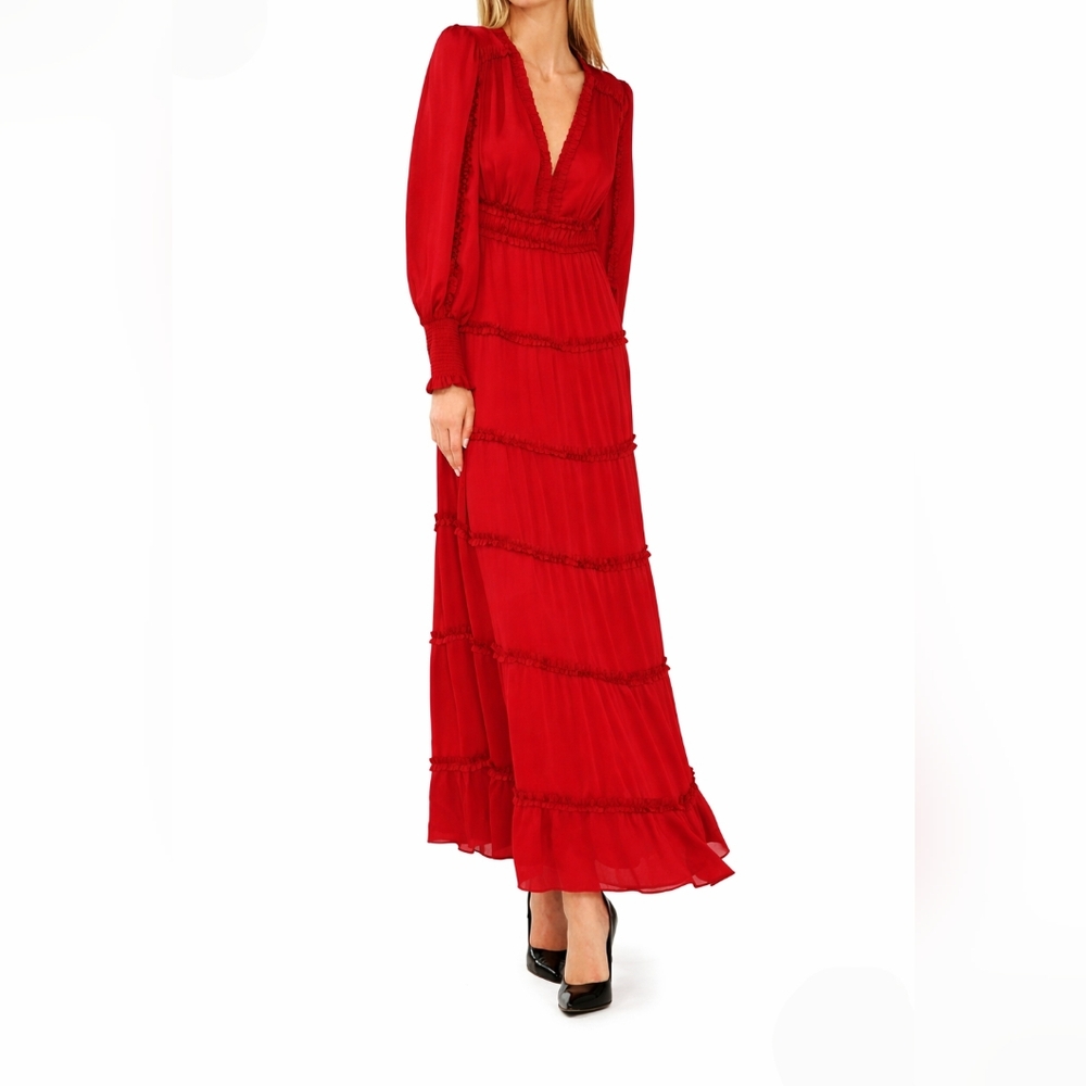 Chelsea & Violet Maxi Dress S Red Chiffon Maraux Tiered Long Plisse New $180